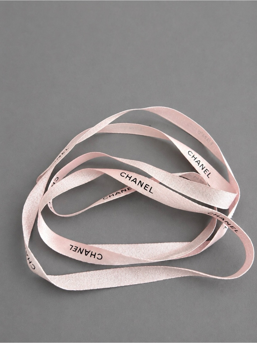 Authentic CHANEL Pale Pink Ribbon 40” Black Logo Satin Gift Wrap